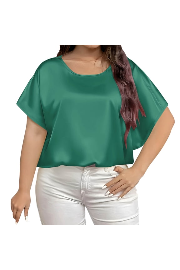 Shirts for Women Casual Women's Plus Size Solid Color T-shirt Home Casual Short Sleeved Round Neck Top Green 5X