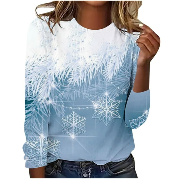 asdoklhq Shirts for Women Christmas Fashion Print Loose Comfortable Crew Neck Long Sleeve T-shirt Light Blue M