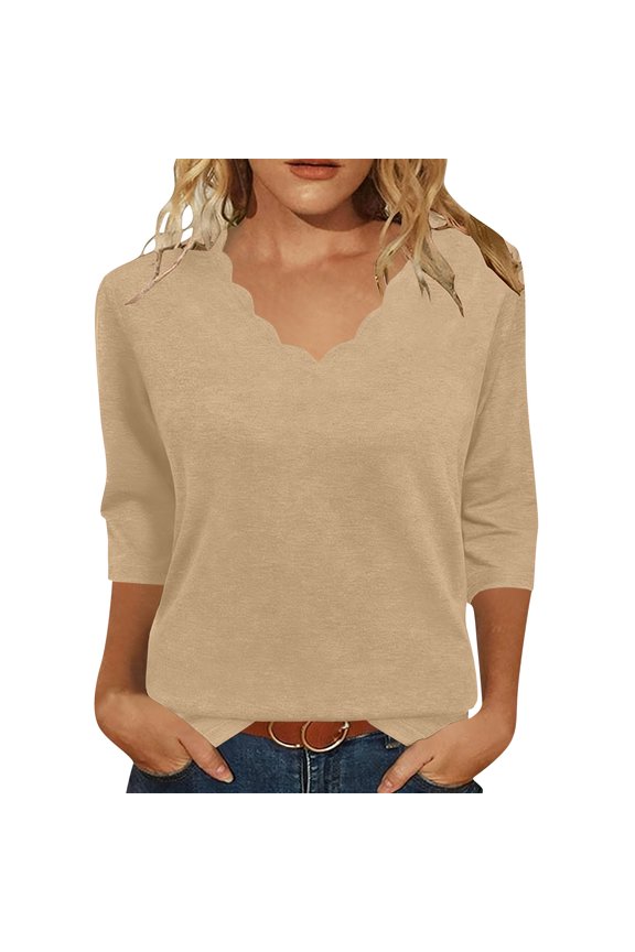 Shirts for Women Dressy Women's Casual Relaxed Fashionable Wave-shaped Neckline Short-sleeved Top Khaki S