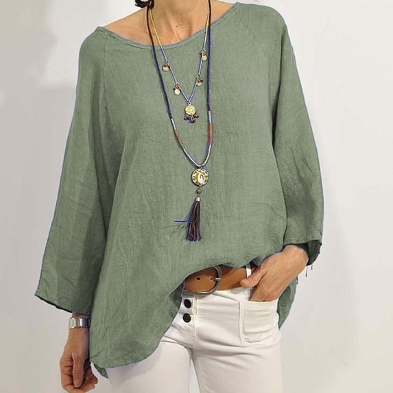 asdoklhq Shirts for Women Fashion Women Casual Long Sleeve Round-Neck Solid Blouse Shirt Green 3X