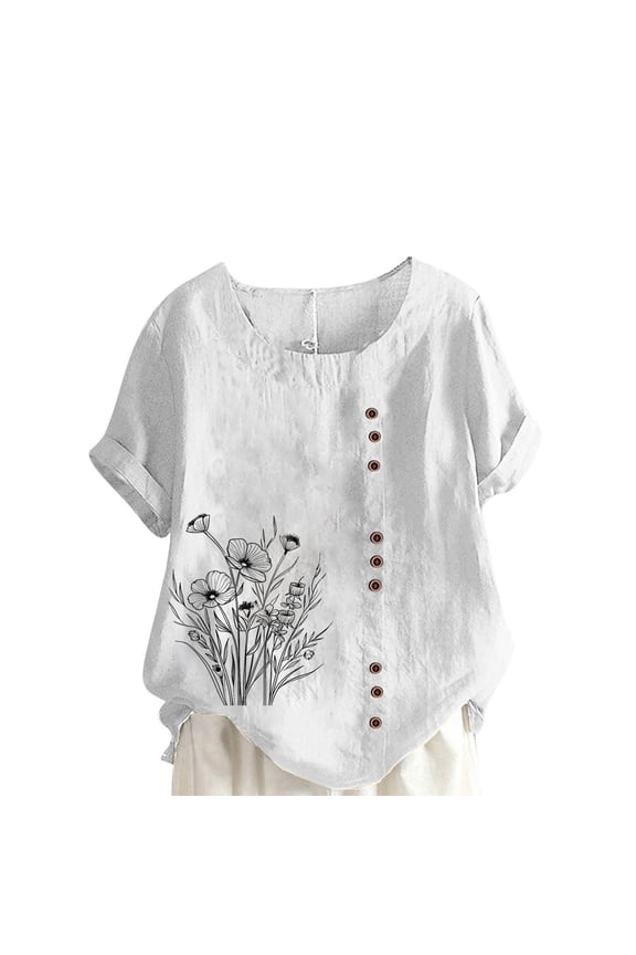 Shirts for Women Fitted Button Down Floral Women Casual and Linen Round-Neck Printed Short Sleeve Button T-shirt Blouse White S