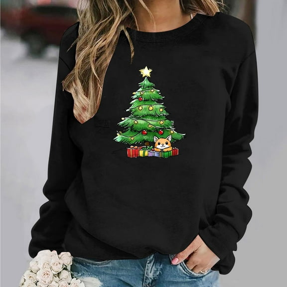 asdoklhq Shirts for Women Round Neck Christmas Printed Sweatshirt Long Sleeved Top Sweatshirt Black XS
