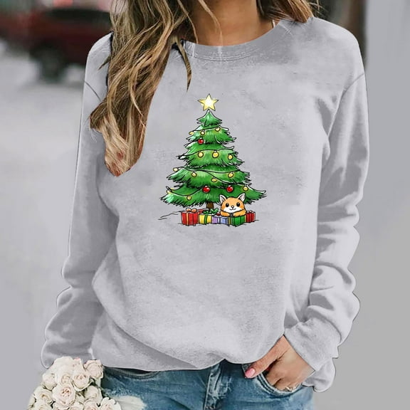 asdoklhq Shirts for Women Round Neck Christmas Printed Sweatshirt Long Sleeved Top Sweatshirt Gray XS