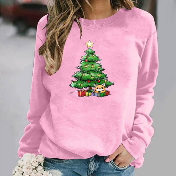 asdoklhq Shirts for Women Round Neck Christmas Printed Sweatshirt Long Sleeved Top Sweatshirt Pink XS