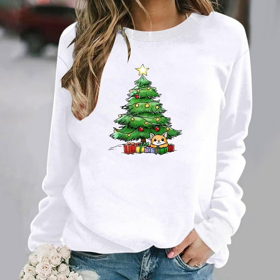 asdoklhq Shirts for Women Round Neck Christmas Printed Sweatshirt Long Sleeved Top Sweatshirt White S