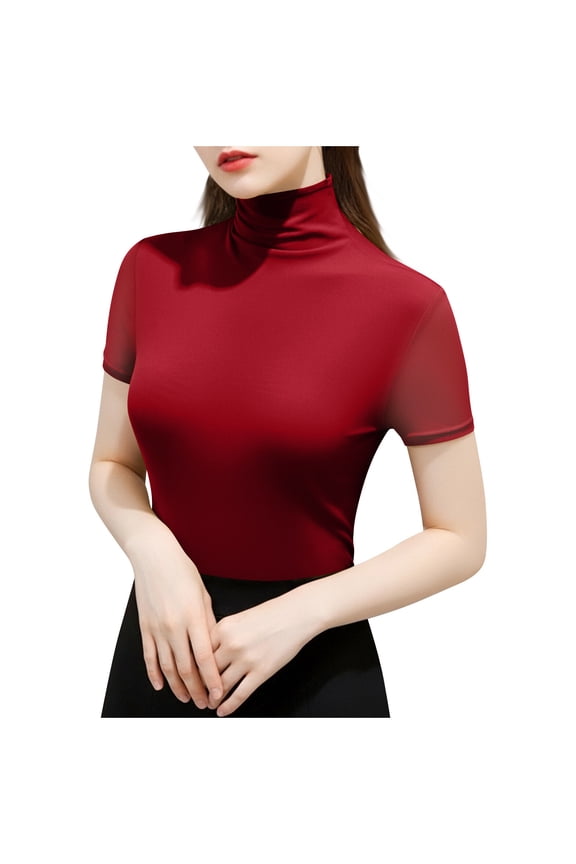 Shirts for Women Western Women's Elastic Casual Mesh High Neck Top with Bottom Layer Red 2X