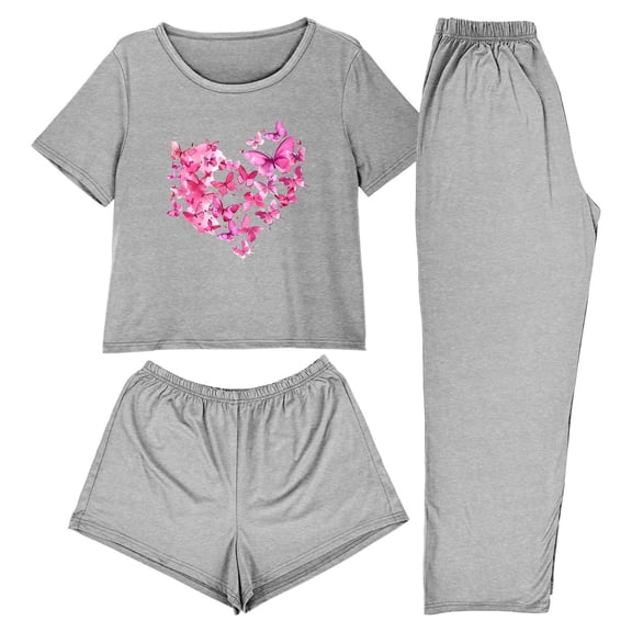 asdoklhq Silk Pajamas for Women 3PCS Women's Home Casual Pants Short Sleeves Tops and Shorts Pajamas Set Gray 2X