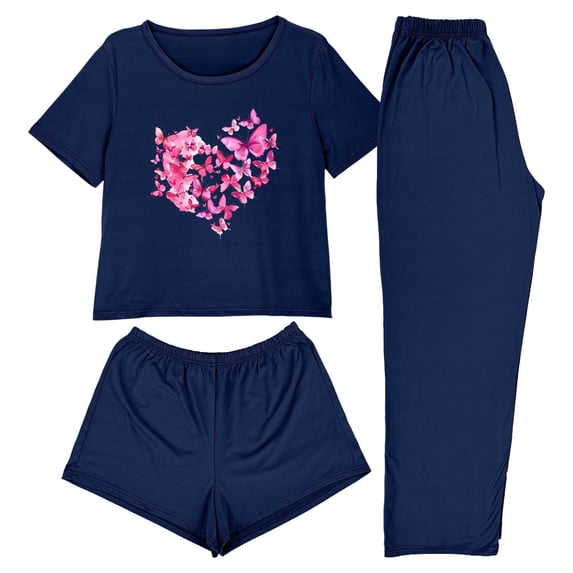 asdoklhq Silk Pajamas for Women 3PCS Women's Home Casual Pants Short Sleeves Tops and Shorts Pajamas Set Navy XS