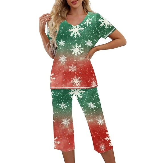 asdoklhq Silk Pajamas for Women Christmas Print Round Neck Button Short Sleeve Top and Elastic Waist Pockets Pant Pajama Sets Green 2X