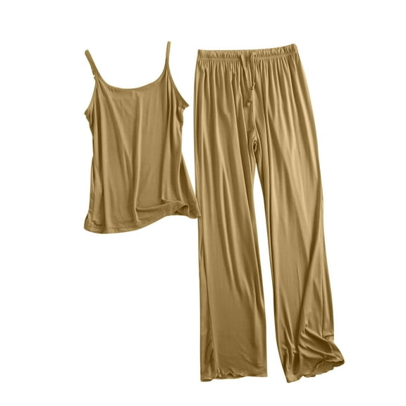 asdoklhq Silk Pajamas for Women Fashion Loose Solid Color Suspender Home Wear Two-piece Pajama Sets Yellow M