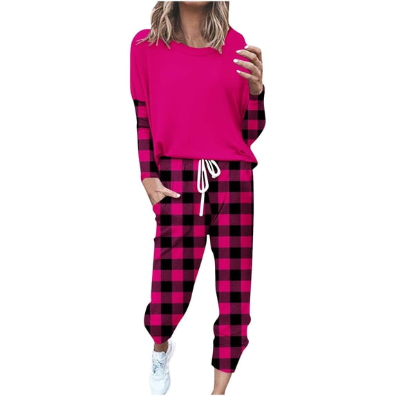 asdoklhq Silk Pajamas for Women Set Women's Printing Round Neck Long Sleeve Two-piece Comfortable Home Pajamas Pocket Set Sports Set Hot Pink 3X
