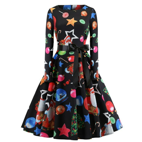 asdoklhq Skirt for Women Plus Size,Christmas O-Neck High Waist Long Sleeve Black Ribbon Large Skirt Gown Retro Dress