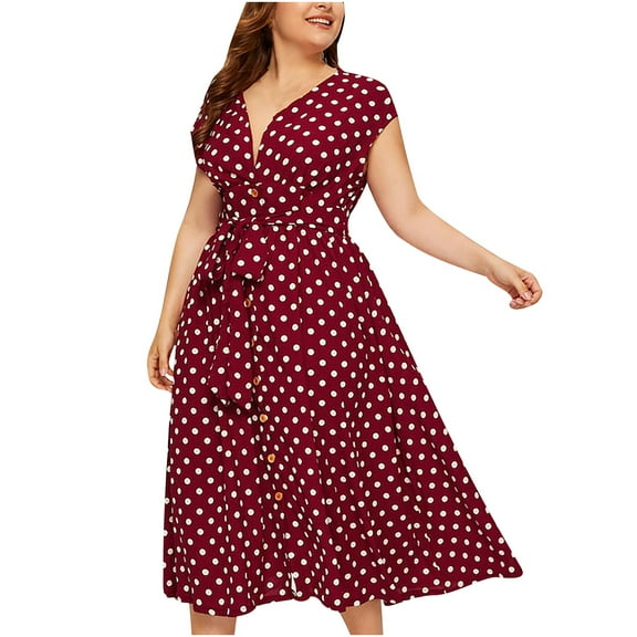 asdoklhq Skirt for Women Plus Size,Plus Size Polka Dot Print Dress Button Lace-up Waist V-neck Skirt