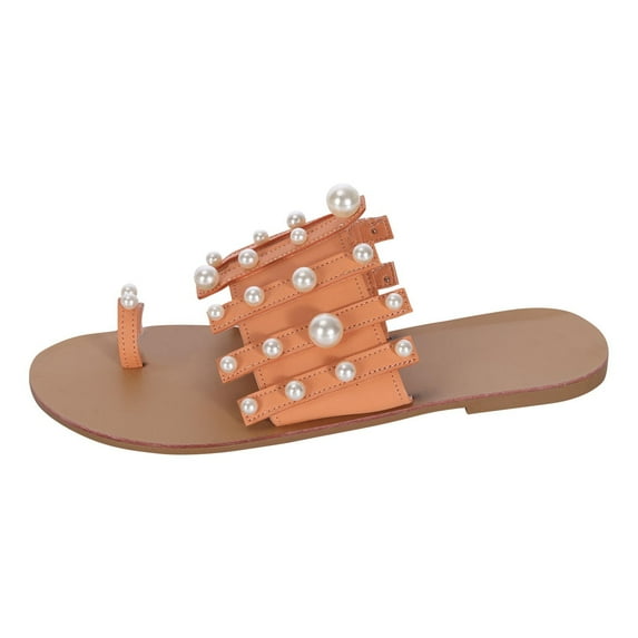 asdoklhq Slippers for Women Summer,Summer New Slippers Women's Flat Bottom Set-toe Pearl Beach Slippers