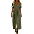 thumbnail image 1 of asdoklhq Spring Cocktail Dresses for Women Semi Formal Women's Button Linen Loose Pocket Short Sleeved Long Dress Army Green 2X, 1 of 7