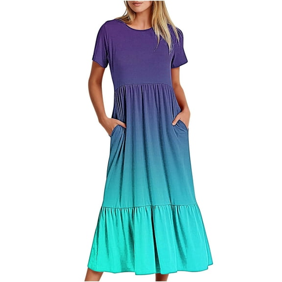 asdoklhq Spring Dresses for Women 2026 Women's Summer Casual Short Sleeve Crewneck Dress Casual Flowy Tiered Maxi Beach Dress with Pockets Gradient Print Dress Multicolor S