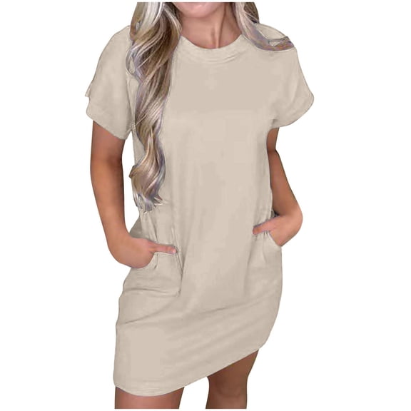 asdoklhq Spring Dresses for Women 2026 Women's Fashion Casual Solid Color Pocket Short Sleeve Round-Neck Dress White L