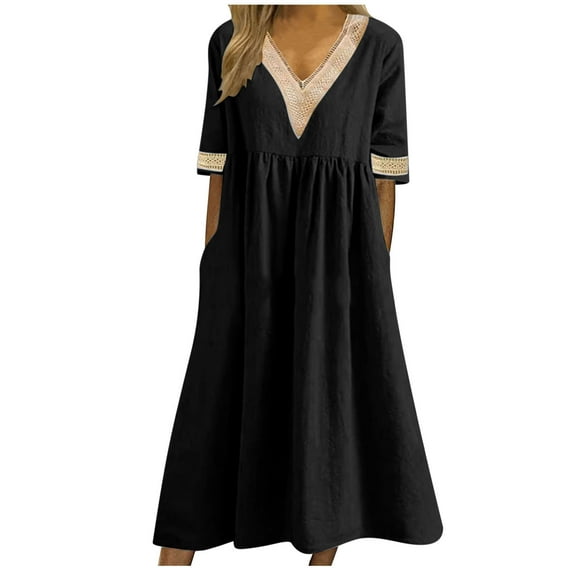 asdoklhq Spring Dresses for Women 2026 Women's Summer New Solid Color Short-sleeved Lace-neck Waistline Hem Dress Black XL