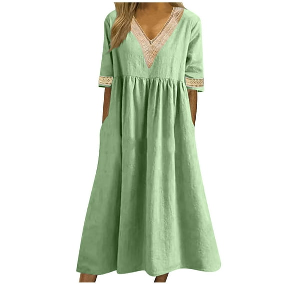 asdoklhq Spring Dresses for Women 2026 Women's Summer New Solid Color Short-sleeved Lace-neck Waistline Hem Dress Green 2X