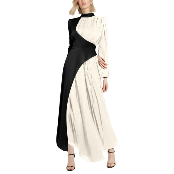 asdoklhq Spring Dresses for Women Fall and Winter Round Neck Color Blocked Long Sleeved Slim Waistband Dress White S