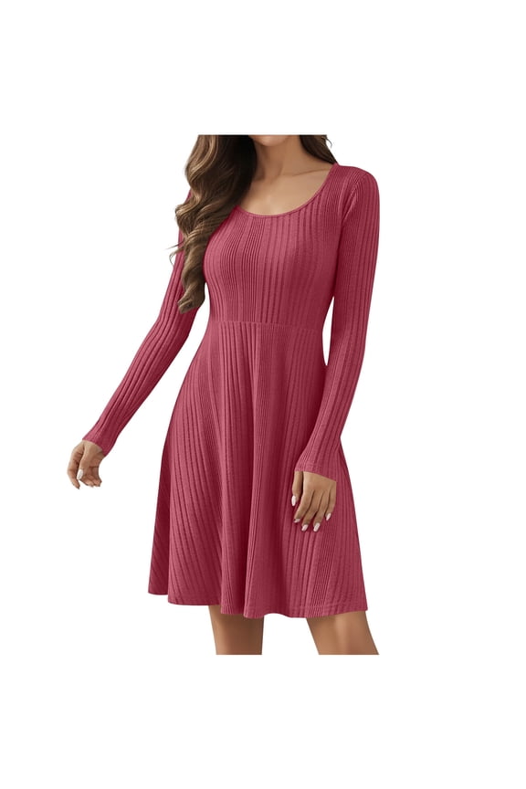 Spring Dresses for Women Moomoo Dresses Fashion Women's Casual Solid Round Neck Long Sleeve Fold Dress Hot Pink 2X