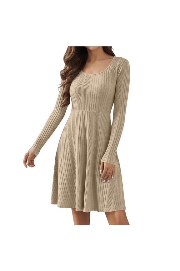 Spring Dresses for Women Moomoo Dresses Fashion Women's Casual Solid Round Neck Long Sleeve Fold Dress Khaki M