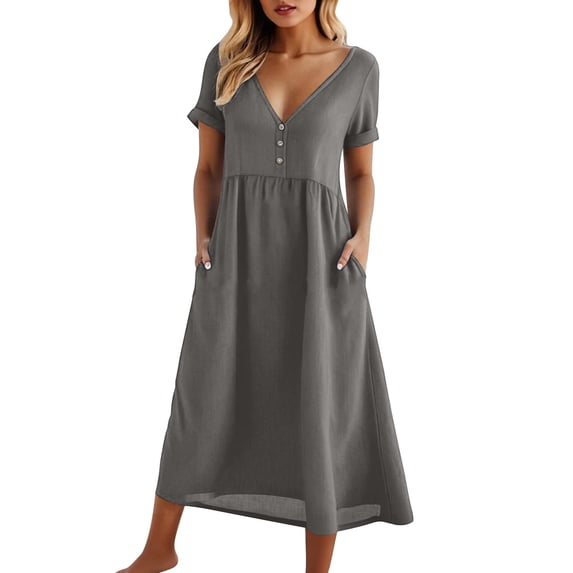 asdoklhq Spring Holiday Dress Midi Dress Women's V-Neck Solid-Color Casual Long-Sleeved Pocket Short Dress Gray M