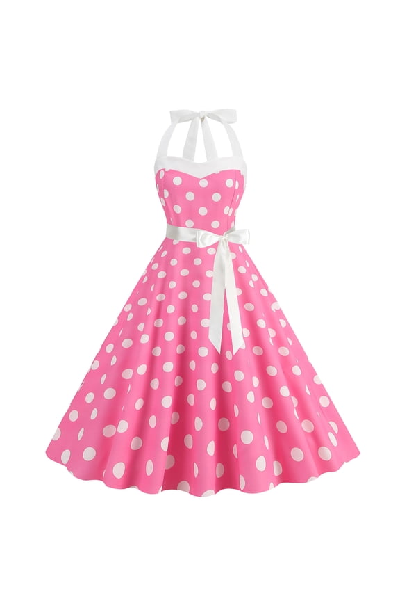Spring Holiday Dresses for Women Semi Formal Women's Fashion Court Contrast High Collar Polka Dotted Large Dress Pink XL