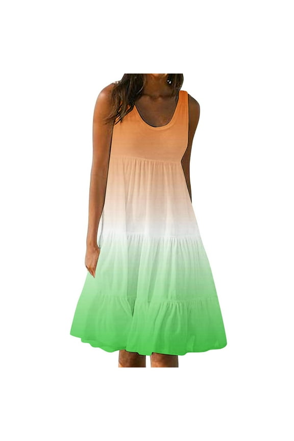 Spring Holiday Dresses for Women Semi Formal Womens Summer Round Neck Print Sleeveless Beach Dress Green 2X