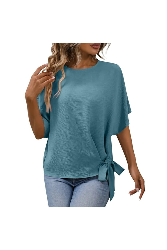 Spring Shirts for Women Camo Button Down Fashion Women's Solid Color Round-Neck Pocket Button Loose Short Sleeve Shirts Blouse Blue L