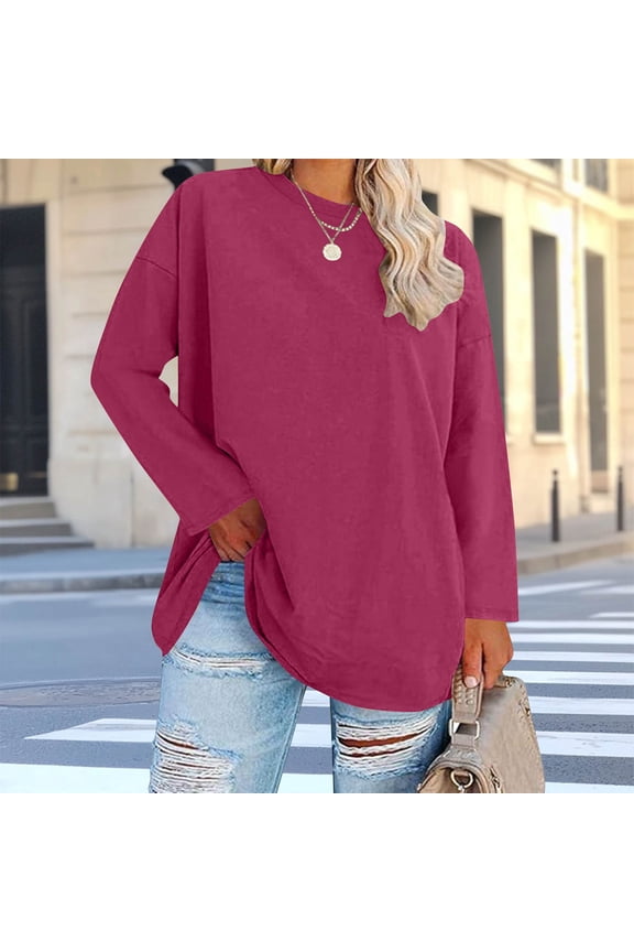 Spring Summer Tops for Women 2026 Women's Fashion Loose Casual Long Sleeve T-Shirt Round Neck Plus Size Top Hot Pink 2X