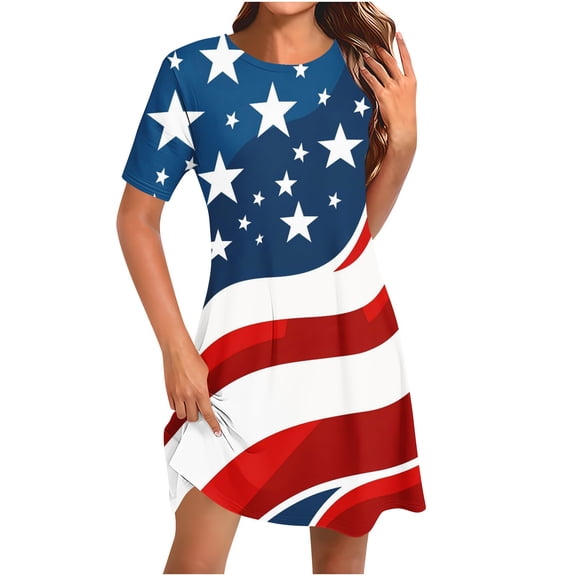 asdoklhq Spring Wedding Guest Dresses for Women Fashion Round-Neck Short Sleeved Printed Pullover Dress Multicolor XL