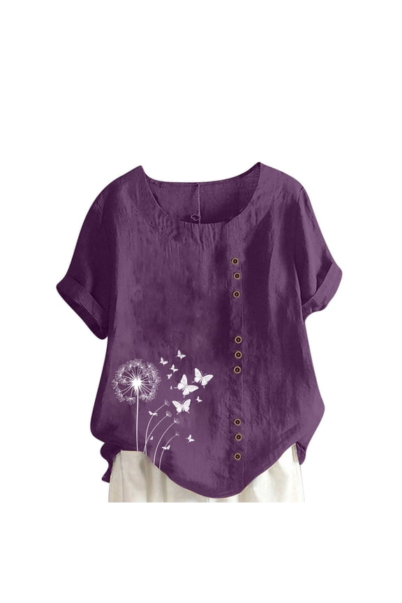 Summer Cotton Linen Tops for Women Gauze Shirts Resort Wear Embroidered Top Gradient Women Casual and Linen Round-Neck Printed Short Sleeve Button T-shirt Blouse Purple S