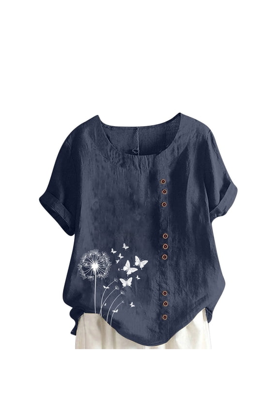 Summer Cotton Linen Tops for Women Gauze Shirts Resort Wear Embroidered Top Gradient Women Casual and Linen Round-Neck Printed Short Sleeve Button T-shirt Blouse Navy 4X