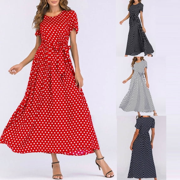 asdoklhq Summer Dress Homecoming Dresses Quinceanera Maxi Fashion Ladies Short Sleeve Beach Polka Bandage Long Maxi Navy 3X