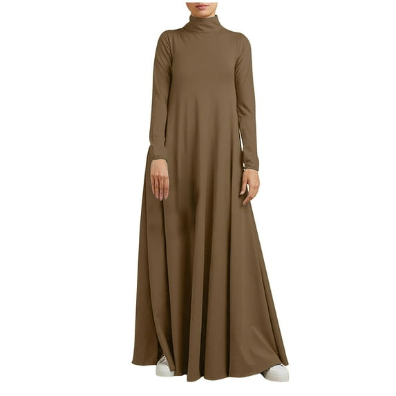 asdoklhq Summer Dress Maxi Dresses Women's Plus Size Casual Dress High Collar Solid Color Long Sleeve Winter Fall Basic Casual Maxi Long Dress Daily Vacation Dress Brown 2X