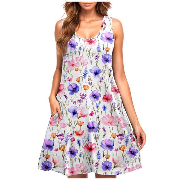asdoklhq Summer Dress Spring Dresses Boho Dress Women's Casual Plus-size Sleeveless Round Neck Short Floral Dress Purple L