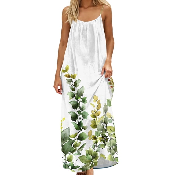 asdoklhq Summer Dresses Women Plus Size Dresses Fashion Women Summer Round-Neck Casual Printed Sleeveless Sleepshirts Sling Backless Dress Green XL