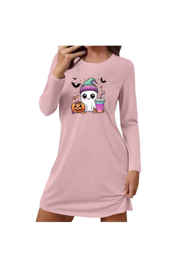 Summer Dresses for Women Quinceanera Dresses Ladies' Trendy Solid Color Halloween Round Neck Long Sleeved Sweatshirt Jumpsuit Long Skirt Pink M