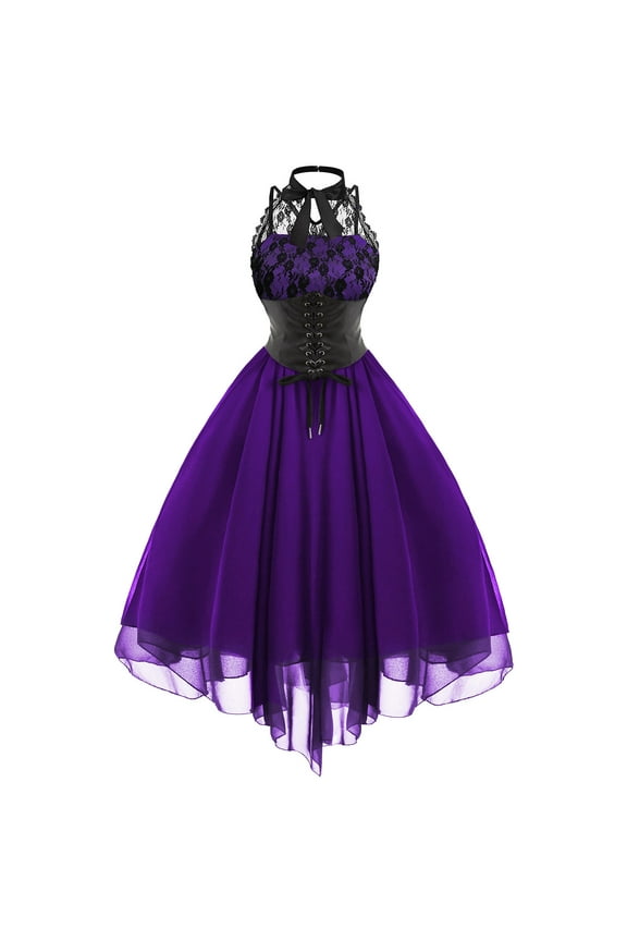 Summer Dresses Women Spring Dresses Women Fashion Gothic Style Sexy Banquet Festival Dress Lace Chiffon Dress Purple XL