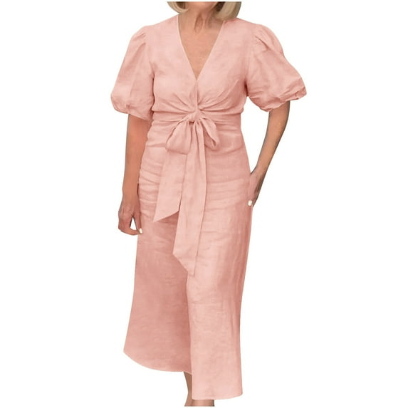 asdoklhq Summer Dresses for Women 2026 Women's Summer Solid Color Short Sleeve -Neck Dress Pink 5X