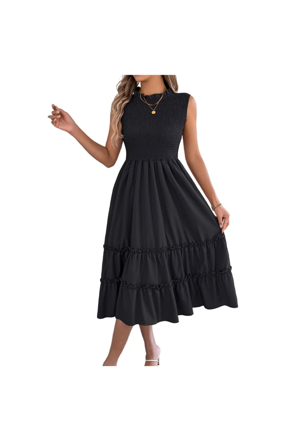 Summer Dresses for Women Date Night Dresses Women's Casual Fashion Solid Color Round-Neck Summer Sleeveless Mid-length Dress Black L