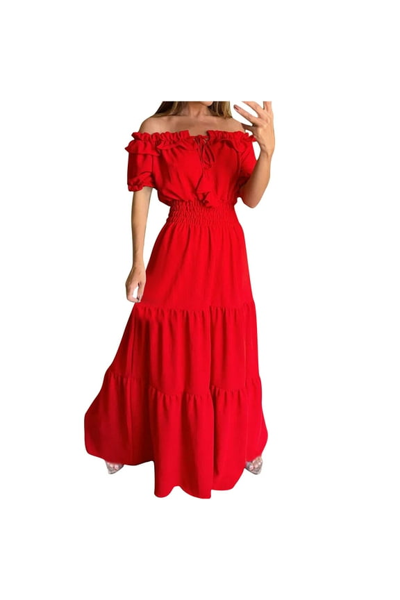 Summer Dresses for Women Fashion Temperament Peplum One-line Neck Sleeve Dress Short Sleeve One-Line Shoulder Ankle-Length Dress Red S