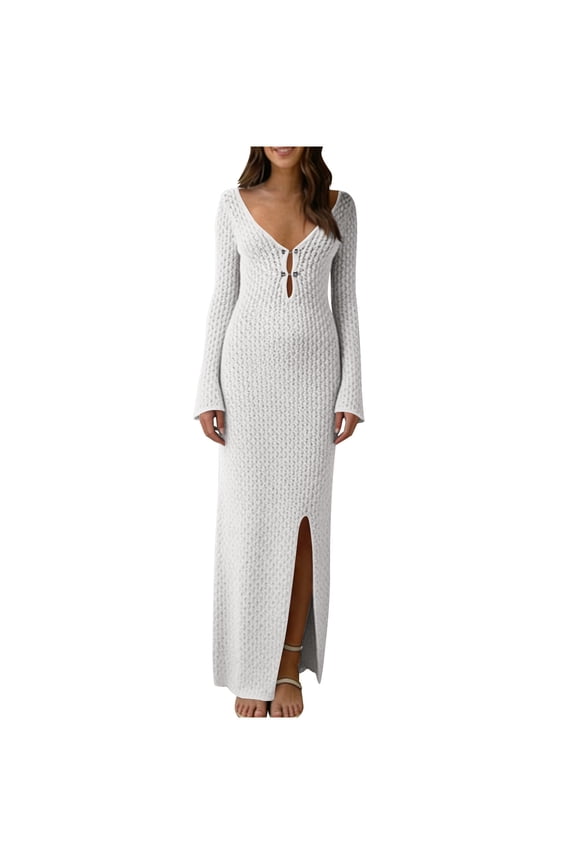 Summer Dresses for Women Long-sleeved Sand Knitted Hollow Out Bikini Swimsuit Cover Up Sun Protection Clothing White S