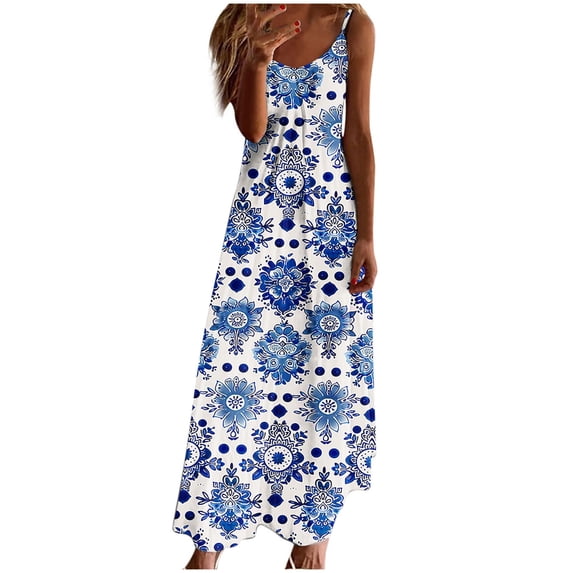 asdoklhq Summer Dresses for Women Mumu Dresses Summer Dresses for Women Print Sleeveless Round Neck Dress Casual Long Dresses Multicolor S