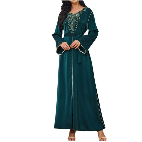 asdoklhq Summer Dresses for Women Muslim Women's Arabic Fashion Print Long Sleeve- Neck Dress Green M