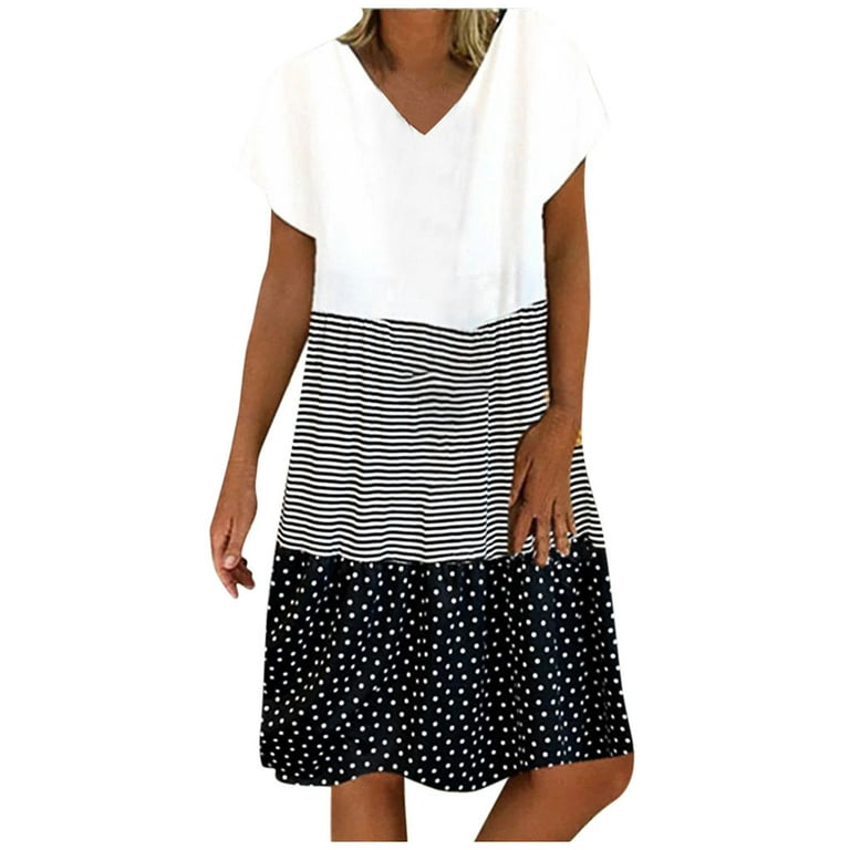 Casual Striped Patchwork V Neck A Line Dresses Casual Striped Patchwork V Neck A Line Dresses