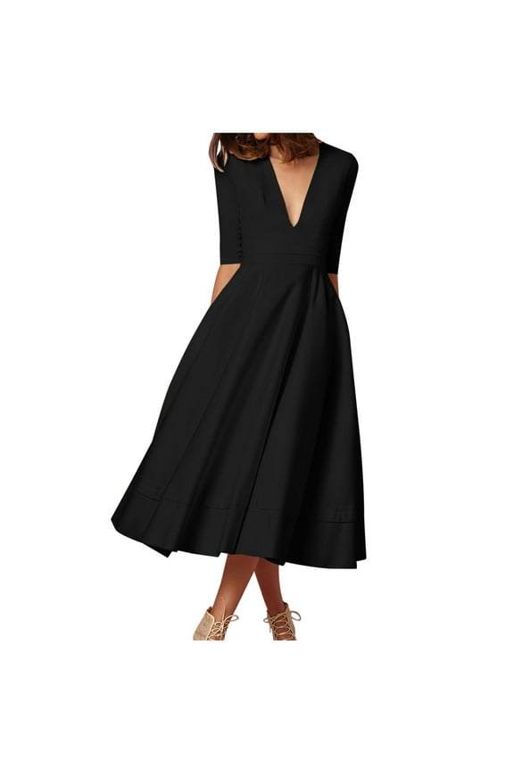 Summer Dresses for Women Semi Formal Women Fashion Summer Sexy Short Sleeve V-Neck Solid Mid-Calf Dress Black S