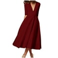 thumbnail image 1 of asdoklhq Summer Dresses for Women Semi Formal Women Fashion Summer Sexy Short Sleeve V-Neck Solid Mid-Calf Dress Wine M, 1 of 7