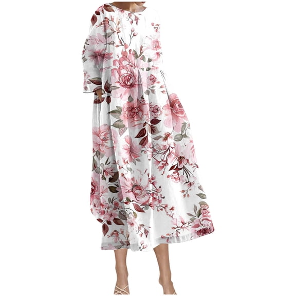 asdoklhq Summer Dresses for Women Short Sleeved Round-neck Fashion Print High Waist Mid-Calf Dress Blue M